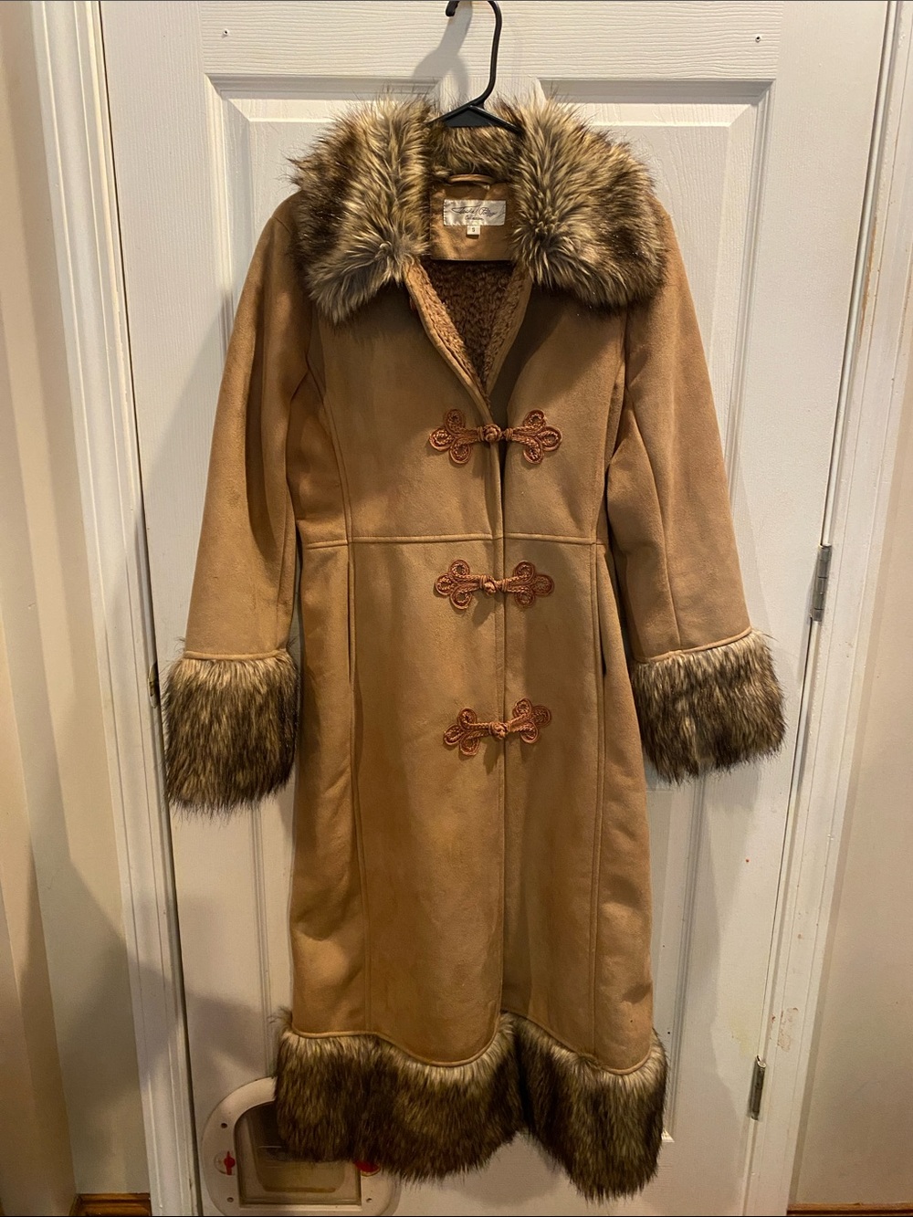 Tasha Polizzi Camel Faux-Suede Coat with Faux-Fur Trim